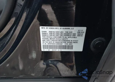 2018 Honda Pilot Ex-L z USA, uszkodzony, nr VIN 5FNYF6H57JB003467